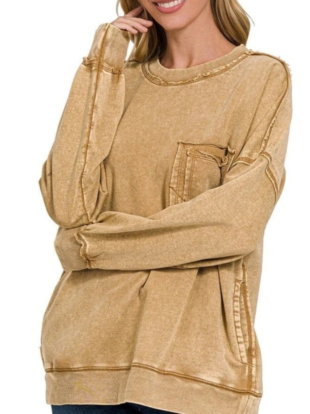 Zenana Outfitters Washed Tan Crewneck Sweatshirt